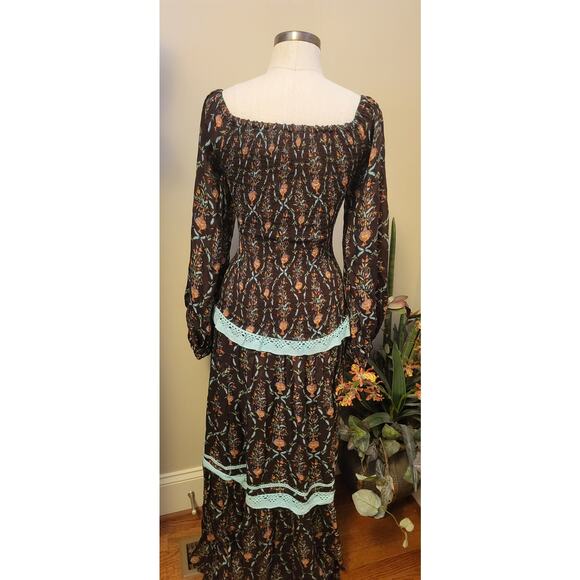 New Verandah Smocked Tiered Maxi Dress SQUARE-NECK $595 SMALL (4) Brown Motif - Picture 9 of 10